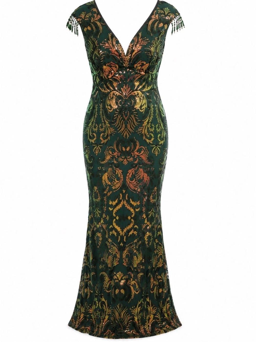 Beaded Deep V Green Metallic Jacquard Maxi Dress